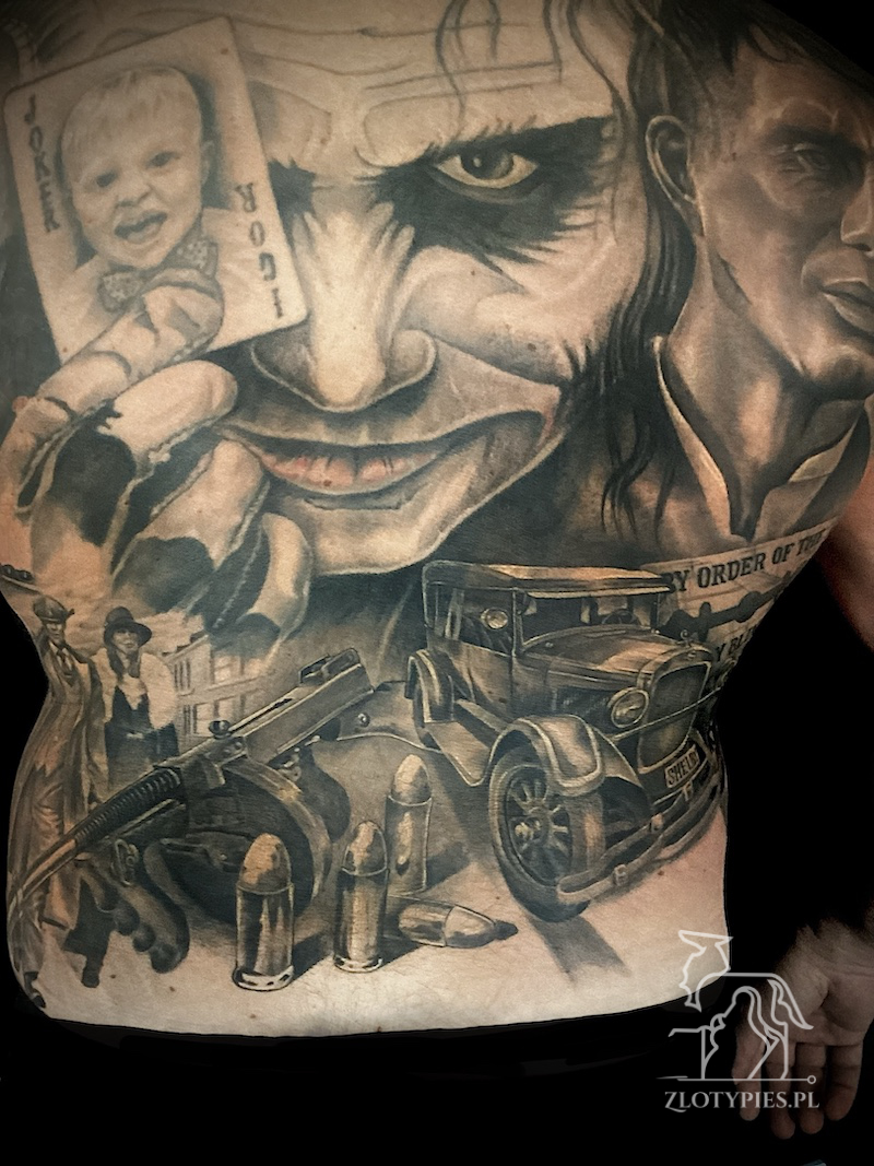 Tatuaż na plecach - Joker i Peaky Blinders